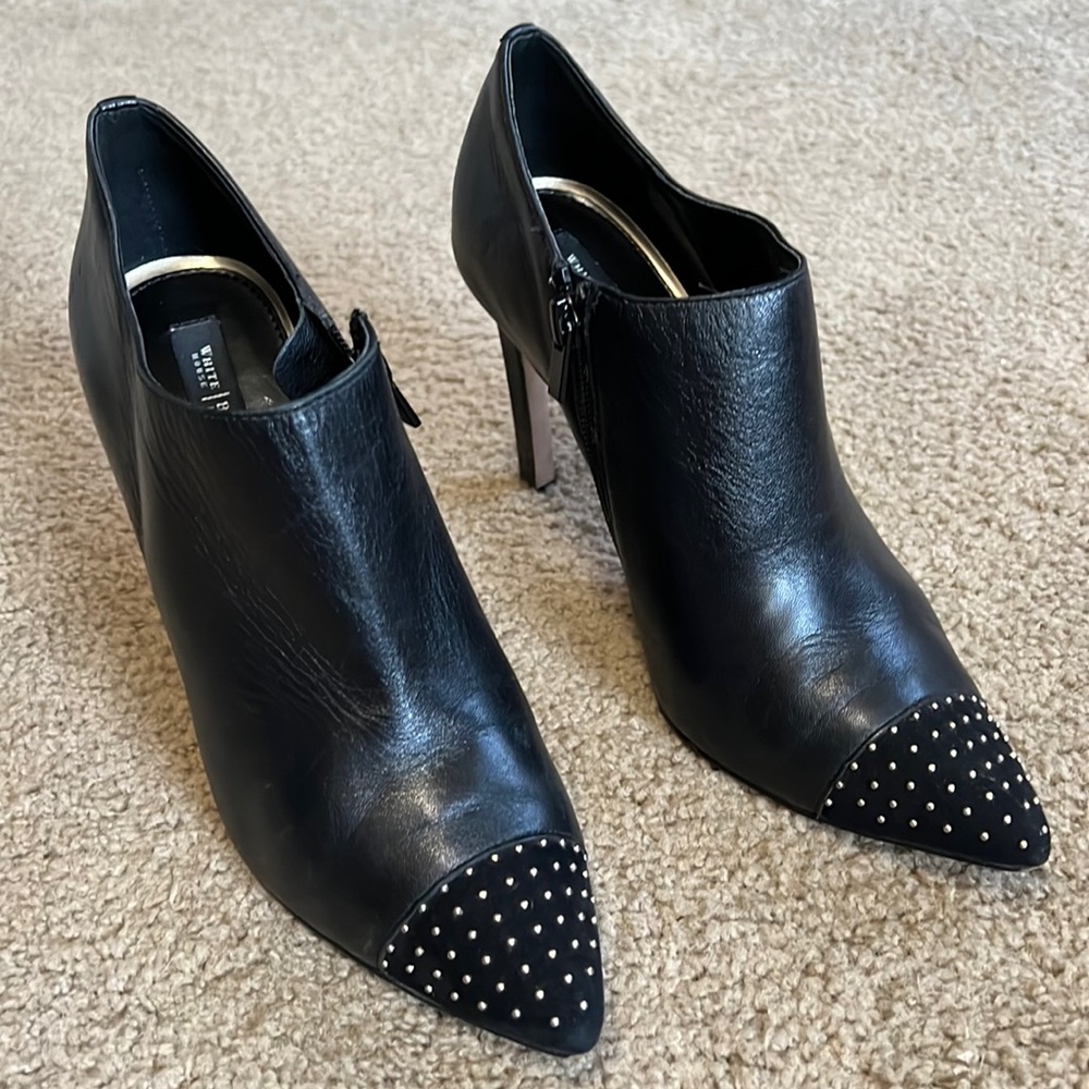 WHBM leather black booties with suede tip and gold embellishments